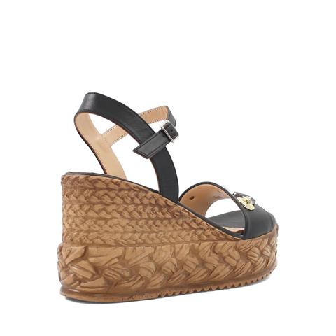 Kadın Siyah Tokalı Dolgu Topuklu Deri Sandalet