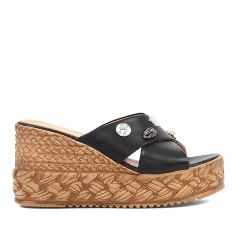 Kadın Siyah Tokalı Dolgu Topuklu Deri Terlik