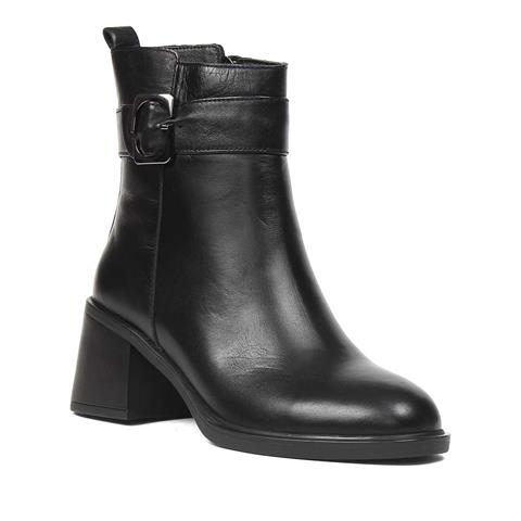 Kadın Siyah Tokalı Fermuarlı Deri Bot