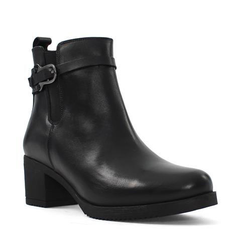 Kadın Siyah Tokalı Fermuarlı Kalın Topuklu Deri Bot