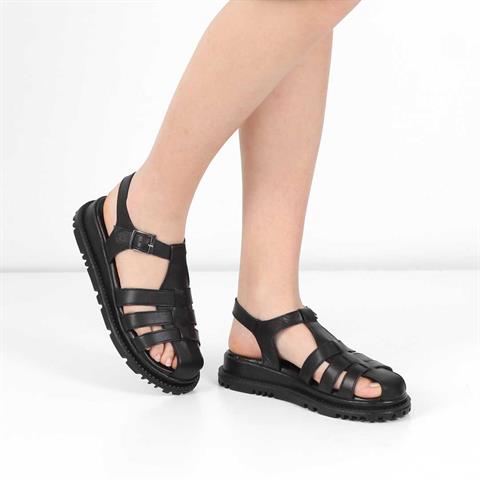 Kadın Siyah Tokalı Gladyatör Deri Sandalet