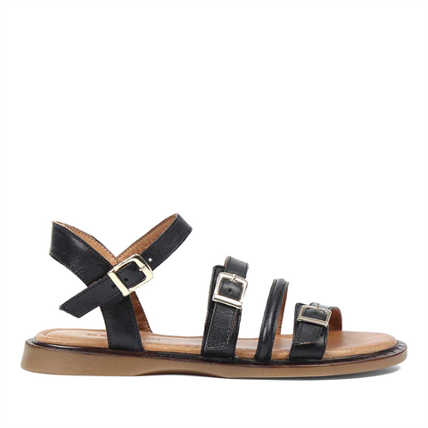 Kadın Siyah Tokalı Gladyatör Deri Sandalet