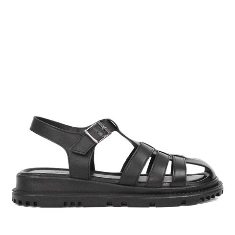 Kadın Siyah Tokalı Gladyatör Deri Sandalet