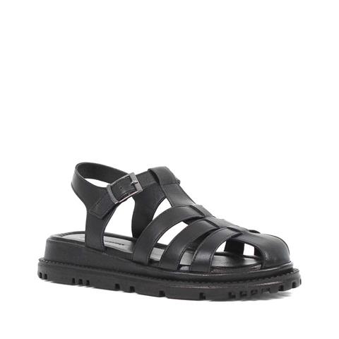 Kadın Siyah Tokalı Gladyatör Deri Sandalet