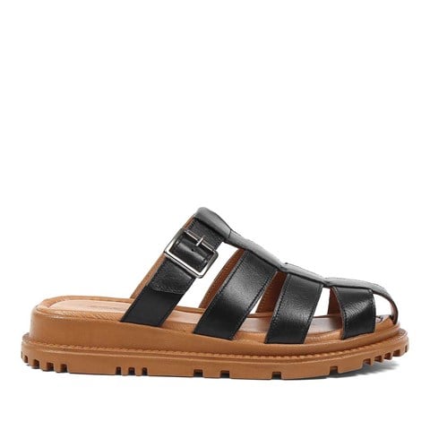 Kadın Siyah Tokalı Gladyatör Deri Terlik