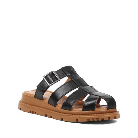 Kadın Siyah Tokalı Gladyatör Deri Terlik