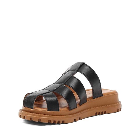 Kadın Siyah Tokalı Gladyatör Deri Terlik