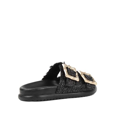 Kadın Siyah Tokalı Hasır Deri Terlik