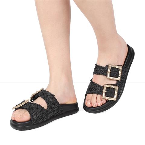 Kadın Siyah Tokalı Hasır Deri Terlik