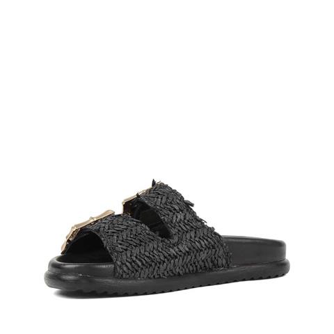 Kadın Siyah Tokalı Hasır Deri Terlik