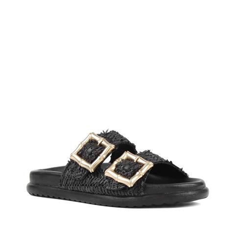 Kadın Siyah Tokalı Hasır Deri Terlik