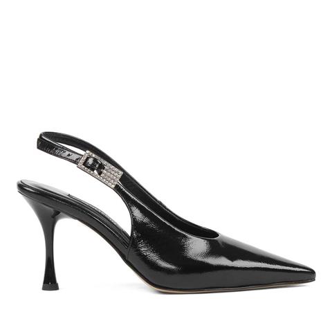 Kadın Siyah Tokalı İnce Topuklu Rugan Deri Klasik Ayakkabı
