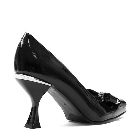 Kadın Siyah Tokalı İnce Topuklu Rugan Deri Klasik Ayakkabı