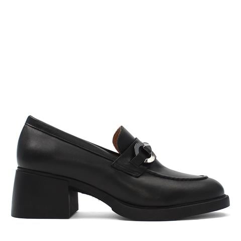 Kadın Siyah Tokalı Kalın Tabanlı Deri Loafer