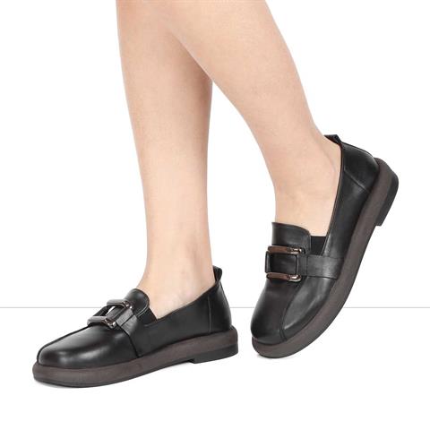 Kadın Siyah Tokalı Kalın Tabanlı Deri Loafer