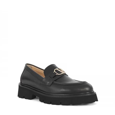 Kadın Siyah Tokalı Kalın Tabanlı Deri Loafer