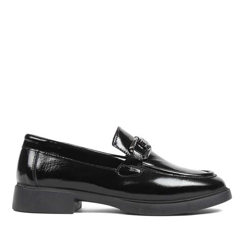 Kadın Siyah Tokalı Kalın Tabanlı Rugan Deri Loafer