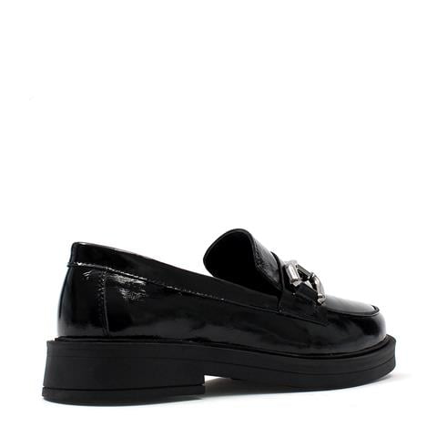 Kadın Siyah Tokalı Kalın Tabanlı Rugan Deri Loafer