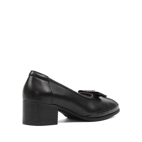 Kadın Siyah Tokalı Kalın Topuklu Deri Klasik Ayakkabı