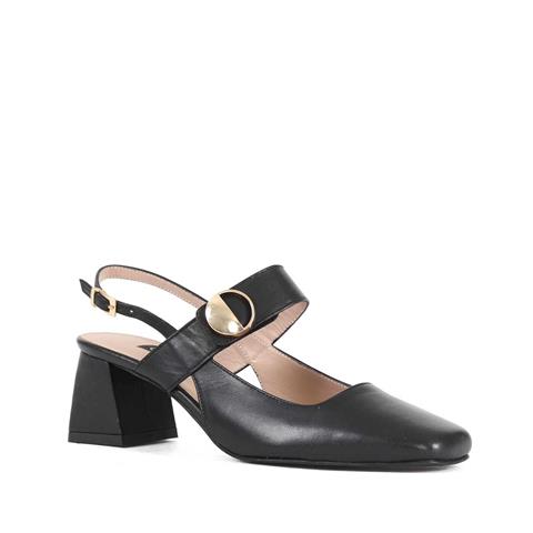 Kadın Siyah Tokalı Kalın Topuklu Deri Klasik Ayakkabı