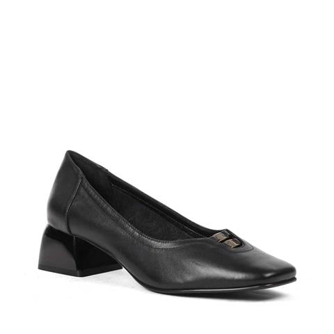 Kadın Siyah Tokalı Kalın Topuklu Deri Klasik Ayakkabı