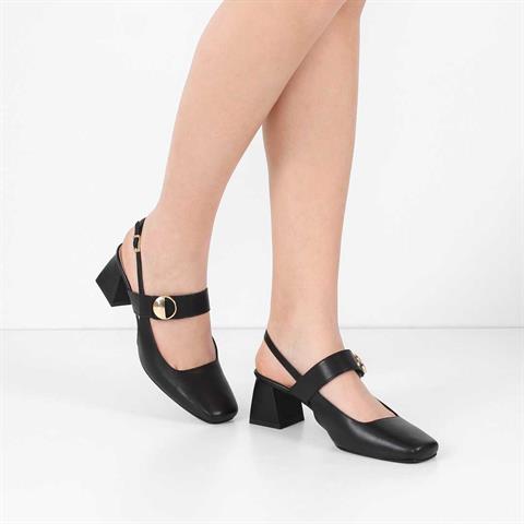 Kadın Siyah Tokalı Kalın Topuklu Deri Klasik Ayakkabı