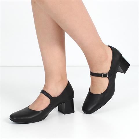 Kadın Siyah Tokalı Kalın Topuklu Deri Klasik Ayakkabı