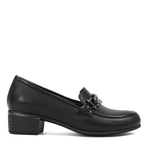 Kadın Siyah Tokalı Kalın Topuklu Deri Klasik Ayakkabı