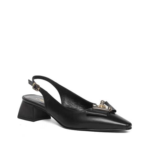 Kadın Siyah Tokalı Kalın Topuklu Deri Klasik Ayakkabı