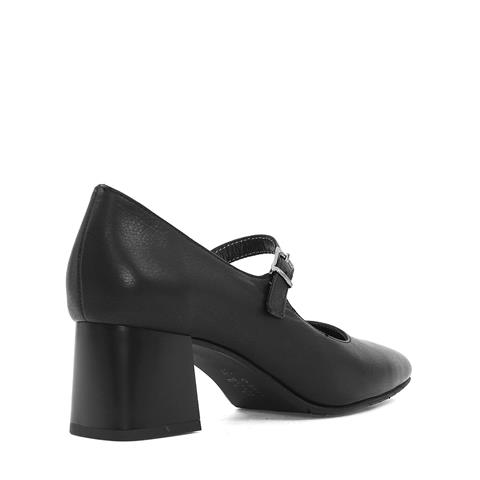 Kadın Siyah Tokalı Kalın Topuklu Deri Klasik Ayakkabı