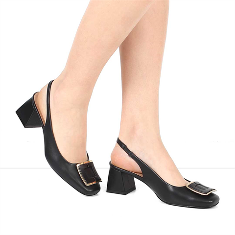 Kadın Siyah Tokalı Kalın Topuklu Deri Ayakkabı