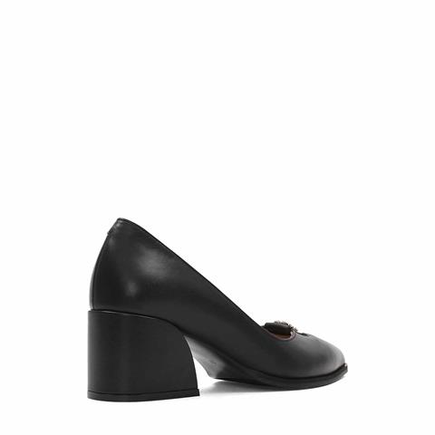 Kadın Siyah Tokalı Kalın Topuklu Deri Klasik Ayakkabı