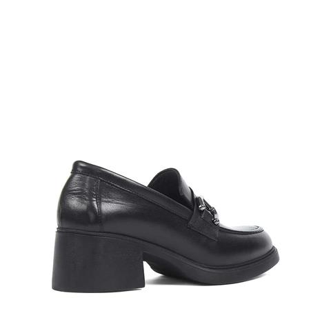 Kadın Siyah Tokalı Kalın Topuklu Deri Ayakkabı