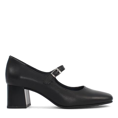 Kadın Siyah Tokalı Kalın Topuklu Deri Klasik Ayakkabı