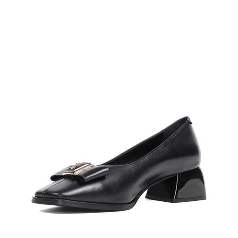 Kadın Siyah Tokalı Kalın Topuklu Deri Klasik Ayakkabı