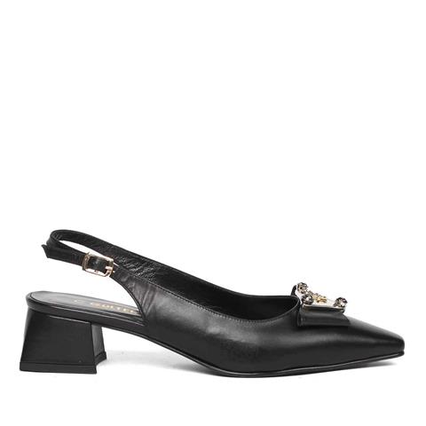 Kadın Siyah Tokalı Kalın Topuklu Deri Klasik Ayakkabı