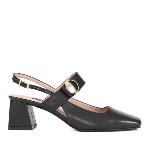 Kadın Siyah Tokalı Kalın Topuklu Deri Klasik Ayakkabı