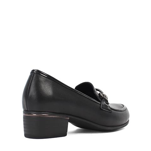 Kadın Siyah Tokalı Kalın Topuklu Deri Klasik Ayakkabı