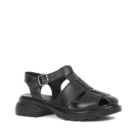 Kadın Siyah Tokalı Kalın Topuklu Deri Sandalet