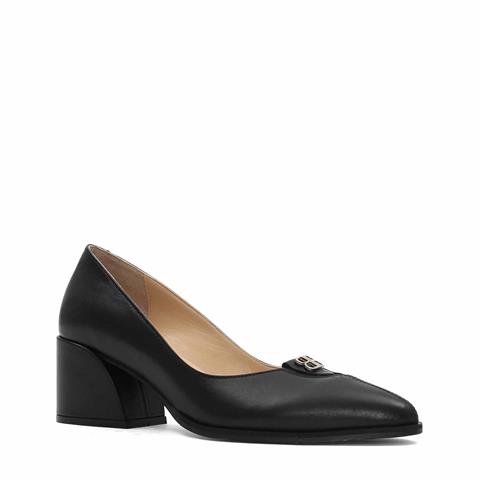 Kadın Siyah Tokalı Kalın Topuklu Deri Klasik Ayakkabı