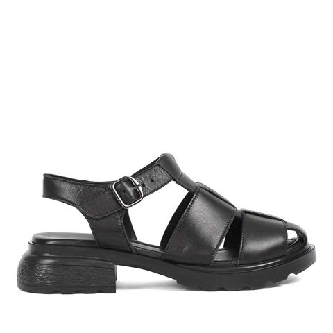 Kadın Siyah Tokalı Kalın Topuklu Deri Sandalet