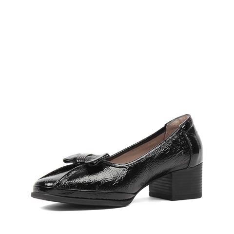 Kadın Siyah Tokalı Kalın Topuklu Kırışık Rugan Deri Klasik Ayakkabı