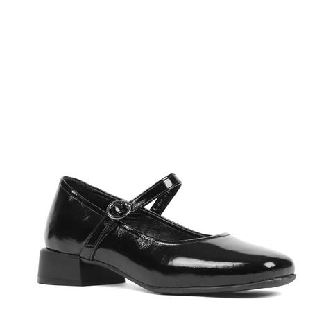 Kadın Siyah Tokalı Kalın Topuklu Rugan Deri Klasik Ayakkabı