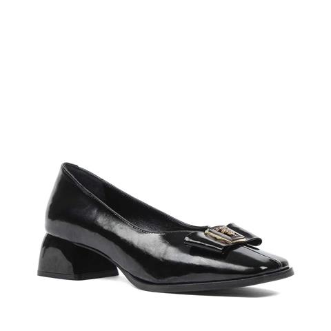 Kadın Siyah Tokalı Kalın Topuklu Rugan Deri Klasik Ayakkabı