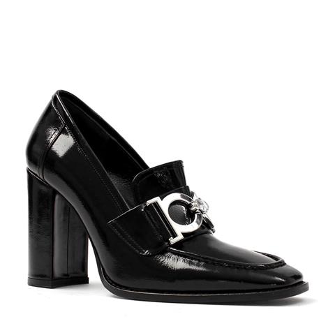 Kadın Siyah Tokalı Kalın Topuklu Rugan Deri Klasik Ayakkabı