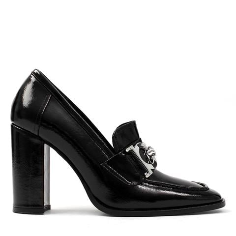Kadın Siyah Tokalı Kalın Topuklu Rugan Deri Klasik Ayakkabı