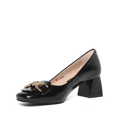Kadın Siyah Tokalı Kalın Topuklu Rugan Deri Klasik Ayakkabı