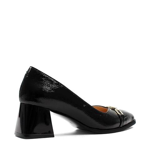 Kadın Siyah Tokalı Kalın Topuklu Rugan Deri Klasik Ayakkabı