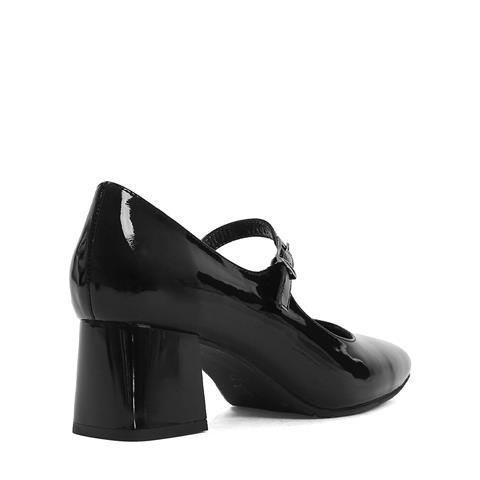 Kadın Siyah Tokalı Kalın Topuklu Rugan Deri Klasik Ayakkabı