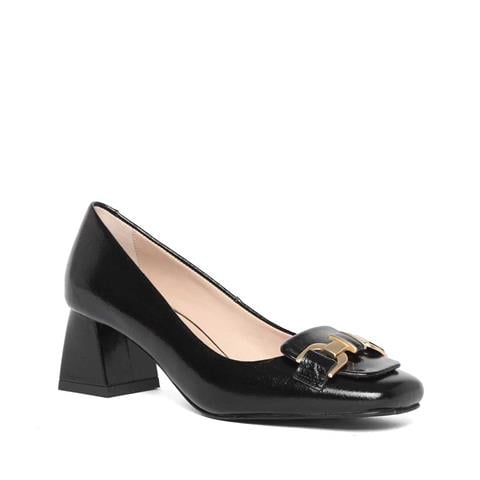 Kadın Siyah Tokalı Kalın Topuklu Rugan Deri Klasik Ayakkabı